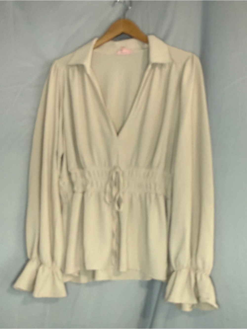 Cream V-Neck Drawstring Waist Blouse with Ruffle Cuffs